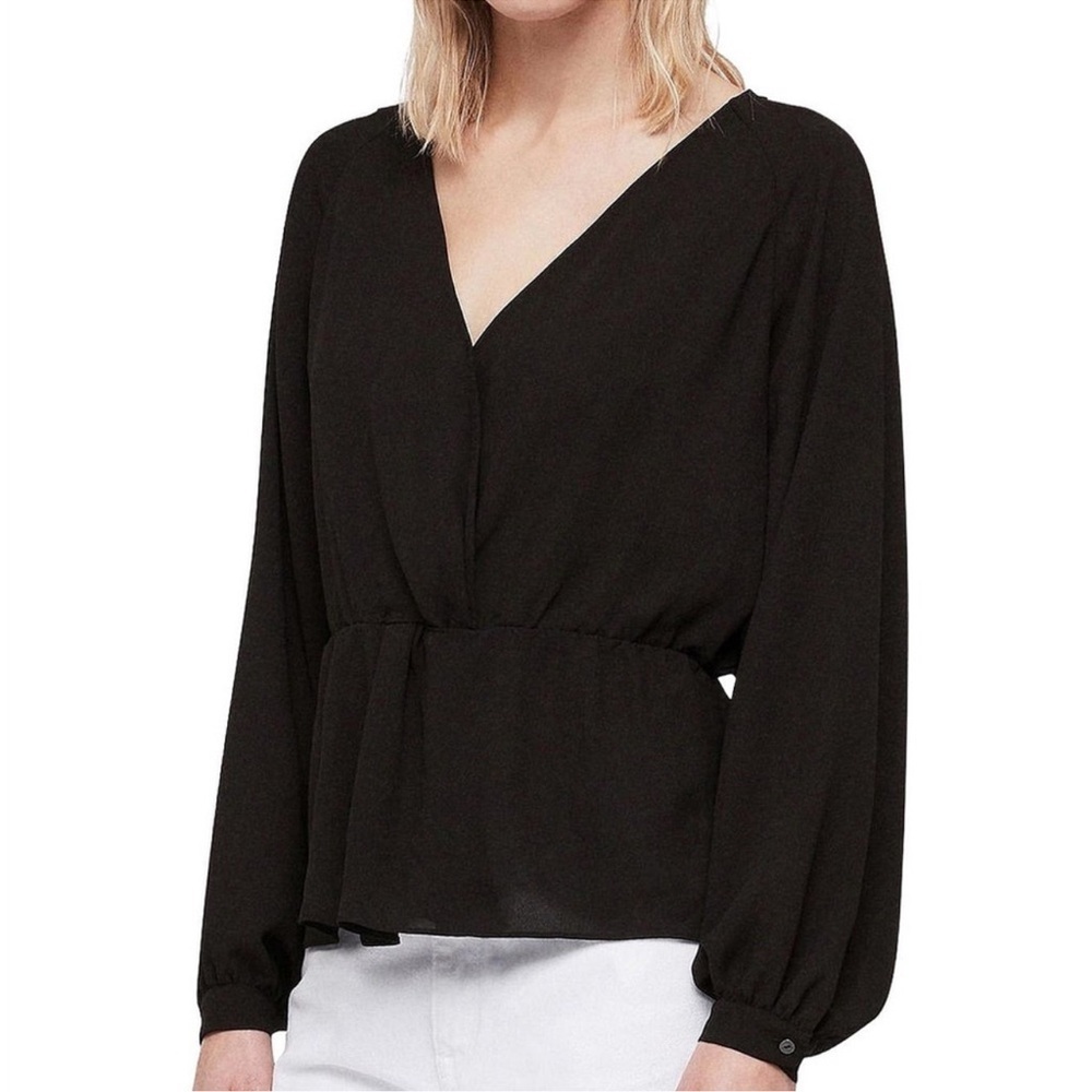 AllSaints Women’s Lasia Top Peplum Black Size S Draped Twist